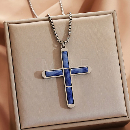 304 Stainless Steel with Dyed Natural Blue Agate Religion Cross Pendant Necklaces FS-WG3F108-11-1