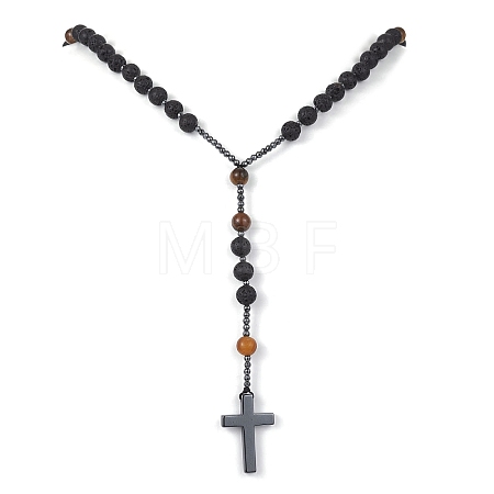Natural Tiger Eye & Lava Rock & Synthetic Hematite Rosary Bead Necklaces NJEW-JN04461-02-1