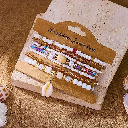 Bohemian Resin & Alloy & Glass Beads & Shell & Plastic Pearls Beaded Stretch Bracelets BJEW-Z169-01A-1