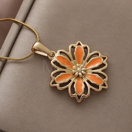 Stainless Steel Enamel Orange Flower Pendant Necklaces for Women JP8682-1
