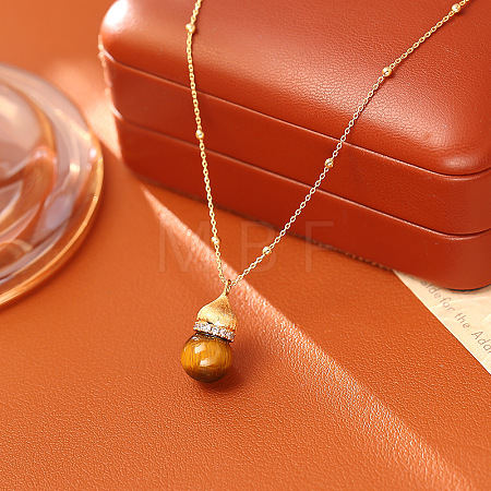 Natural Tiger Eye Gourd Shaped Pendant Brass Satellite Chain Necklaces with Clear Cubic Zirconia for Women WGAC9F4-05-1