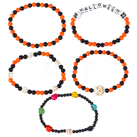 30Pcs 5 Style Synthetic Turquoise Skull & Acrylic Beaded Stretch Bracelets Set BJEW-BC0001-06-1