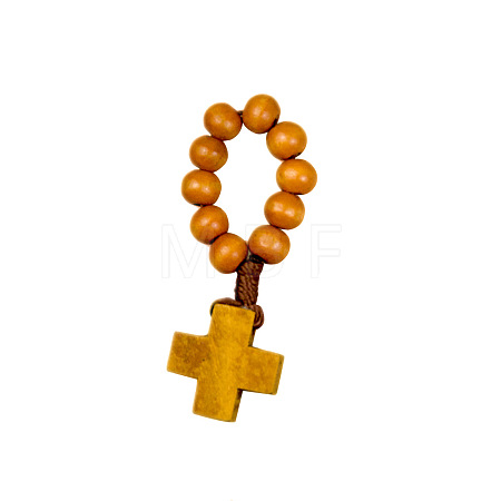 Wood Cross & Round Beads Finger Rings RJEW-WH0011-34F-1