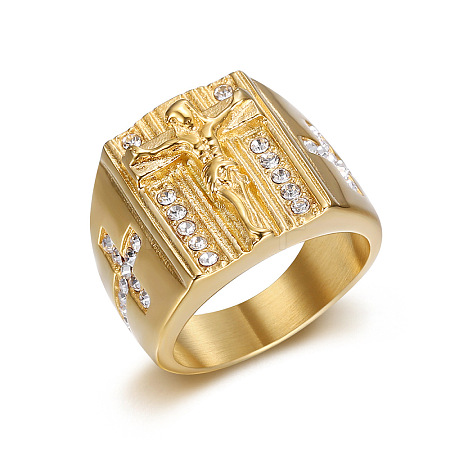 Cross with Jesus Pattern 304 Stainless Steel with Crystal Rhinestone Finger Rings for Men FS-WG78AD7-03-1