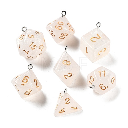 7 Styles Transparent Resin Polyhedral Dice Pendants Set RESI-A029-01F-1