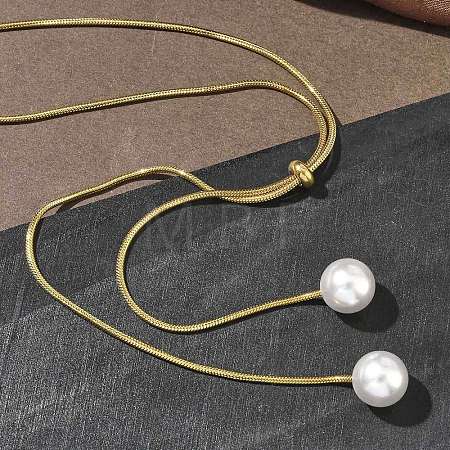 Ion Plating(IP) Round White Acrylic Imitation Pearl 304 Stainless Steel Round Snake Chain Lariat Necklaces NJEW-D269-01G-1