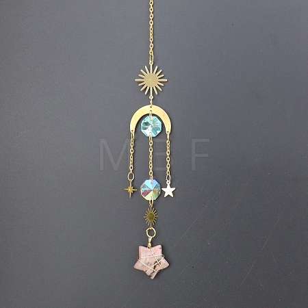 Natural Rhodonite Star Sun Catcher Hanging Ornaments with Brass Sun HJEW-PW0002-13H-1