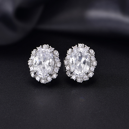 Brass Micro Pave Cubic Zirconia Oval Stud Earrings for Women QP4934-5-1