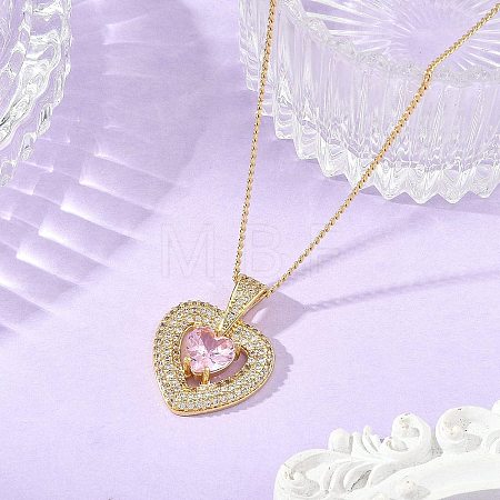 Brass Pave Pink Cubic Zirconia Heart Pendant Brass Curb Chain Necklace for Women NJEW-JN06484-02-1