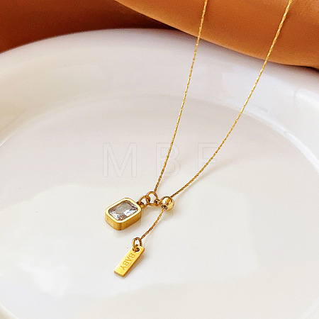 Adjustable 304 Stainless Steel Pave Cubic Zirconia Rectangle Pendant Lariat Necklaces for Women WGE5208-01-1