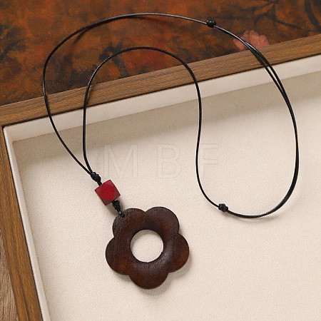 Wood Pendant Black Wax Cord Long Necklaces for Women FS-WG36920-01-1