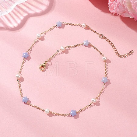 Synthetic Blue Lace Agate Star & Natural Freshwater Pearl & Brass Link Chain Necklaces NJEW-JN05687-02-1