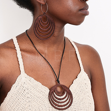 Wood & Wax Cord Pendant Necklaces & Hoop Earrings Sets FS-WG8CCFA-05-1