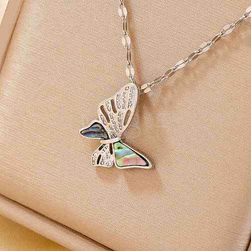 Hollow Out Brass Clear Cubic Zirconia Butterfly Pendant Necklaces QX3520-2-1