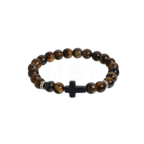 Natural Tiger Eye Round & Black Stone Cross Beaded Stretch Bracelets AL9928-7-1