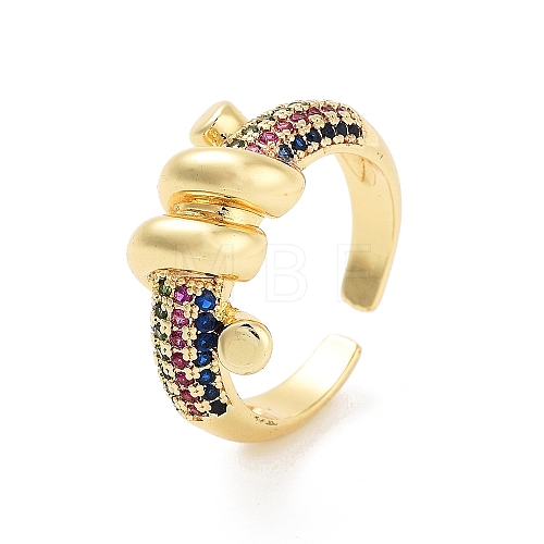 Brass Micro Pave Colorful Cubic Zirconia Open Cuff Ring for Women RJEW-Z055-02G-02-1