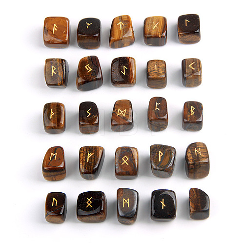 Viking Runes Engraved Tumbled Natural Tiger Eye Rune Stones PW-WG56DA1-07-1