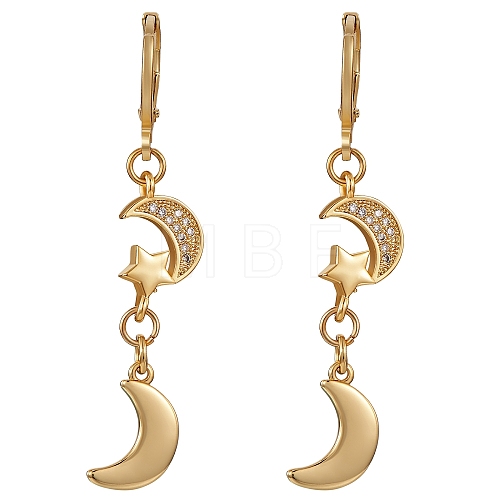 Clear Cubic Zirconia Moon and Star Dangle Leverback Earrings EJEW-SW00011-09-1