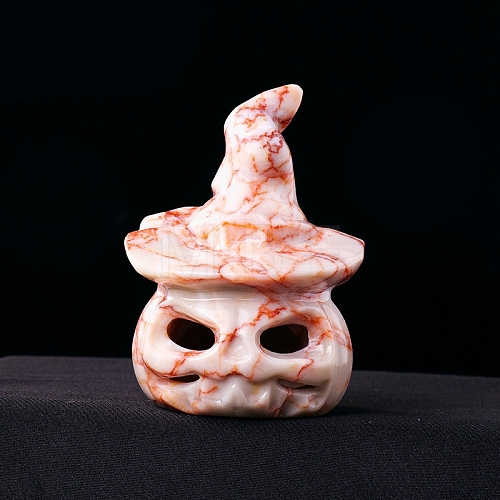 Natural Netstone Carved Skull Pumpkin with Hat Figurines PW-WG183E2-01-1