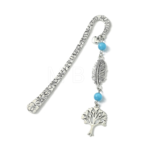 Tree of Life Feather Tibetan Style Alloy Pendant Bookmark with Cat Eye AJEW-JK00277-01-1