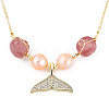 Natural Strawberry Quartz & Pearl Beaded Whale Tail Pendant Necklace with Brass Cable Chains for Women NJEW-T015-02G-3