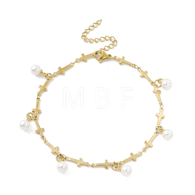 Plastic Pearl Charms Bracelet with Cross Link Chains STAS-E001-28G-1