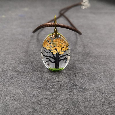 Alloy Wire Wrapped Oval Glass Inner Dried Flower Tree Pendant Waxed Cord Necklaces for Women FS-WG6B63C-14-1