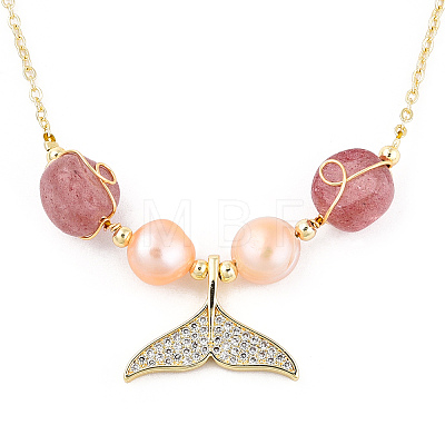 Natural Strawberry Quartz & Pearl Beaded Whale Tail Pendant Necklace with Brass Cable Chains for Women NJEW-T015-02G-1