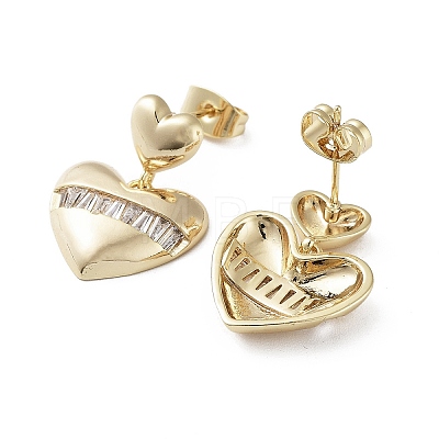 Heart Brass Dangle Stud Earrings with Cubic Zirconia EJEW-G371-06G-1
