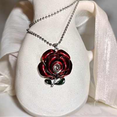 Gothic Style Alloy Enamel Red Rose Flower Vintage Pendant Necklaces for Women GR0561-1