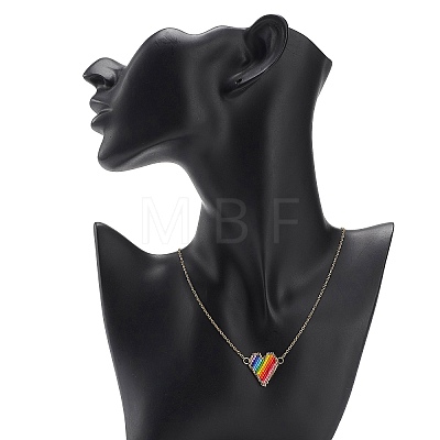 Rainbow Color Japanese Seed Braided Heart Pendant Necklace with 304 Stainless Steel Chains for Women NJEW-MZ00007-1