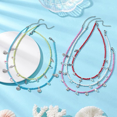 Boho 304 Stainless Steel Heart Leaf Star Cross Shell Shaped Pendant Glass Seed Beaded Necklaces NJEW-MZ00147-1