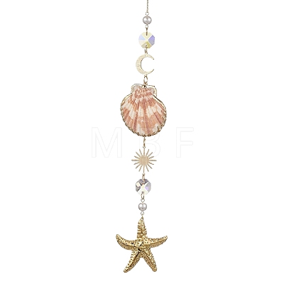 Electroplate Sea Shell & Glass & Stainless Steel Pendants Starfish Shell Hanging Suncatchers HJEW-JM04561-1