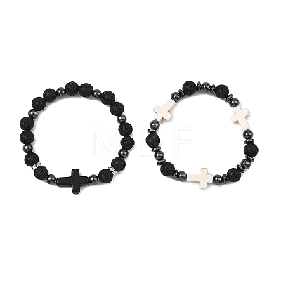 2Pcs 2 Styles Natural Lava Rock & Synthetic Turquoise & Non-magnetic Hematite Cross & Round Beaded Stretch Bracelets for Women Men BJEW-JB13929-1