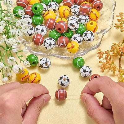 100Pcs 4 Styles Sport Theme Printed Wood European Beads WOOD-SZ0001-31-1