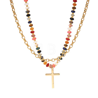Natural Mixed Stone and Glass Beaded Stainless Steel Cross Pendant Double Layer Necklaces for Women GY4764-1-1