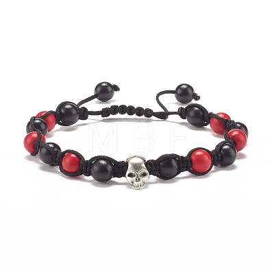 3Pcs 3 Color Round Synthetic Turquoise(Dyed) Braided Bead Bracelets Set with Alloy Skull BJEW-JB07863-1