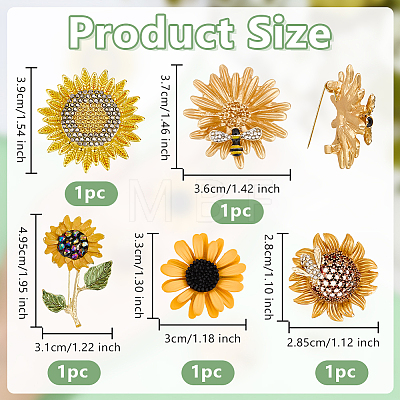 5Pcs 5 Styles Sunflower Alloy Rhinestone Lapel Pins for Backpack Clothes JEWB-OC0001-05-1