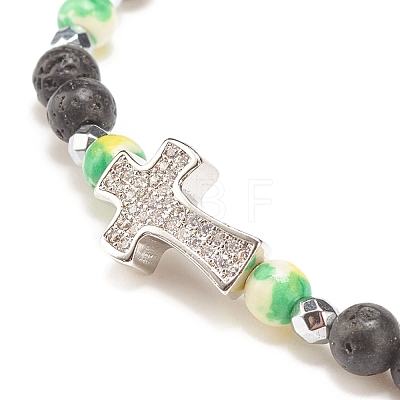 Natural & Synthetic Mixed Gemstone Beaded Stretch Bracelet with Clear Cubic Zirconia Cross for Women BJEW-JB08247-02-1
