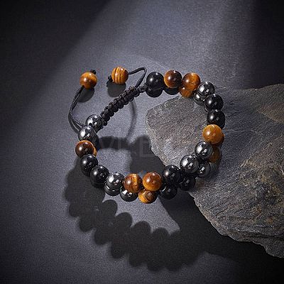 Natural Obsidian & Tiger Eye & Synthetic Hematite Braided Bead Bracelet BJEW-SW00001-22-1