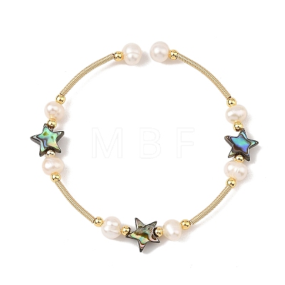 Natural Paua Shell & Potato Pearl Beaded Stretch Bracelets BJEW-JB14172-02-1