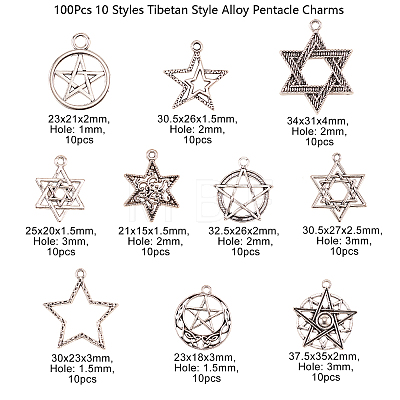 100Pcs 10 Styles Tibetan Style Alloy Pentacle Pendants TIBEP-CJ0001-60-1