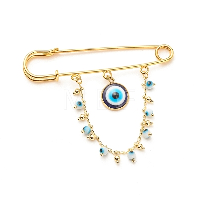 Cyan Resin Evil Eye with Brass Dangle Chain Lapel Pin JEWB-BR00076-1