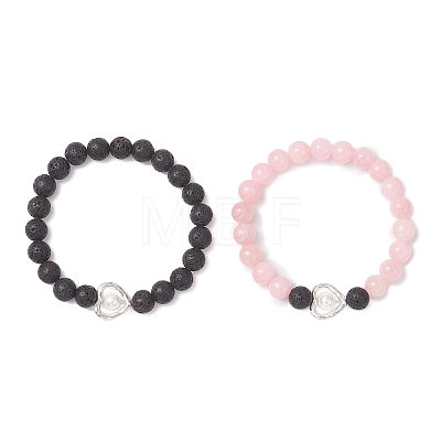 2Pcs Natural Round Pink Mashan Jade & Lava Rock Beads Stretch Bracelets BJEW-JB12879-1