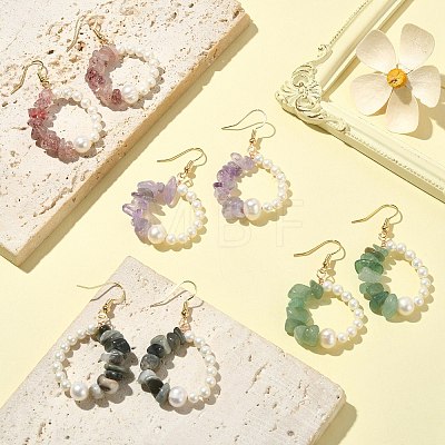4Pcs 4 Style Natural Mixed Gemstone & Shell Pearl Ring Dangle Earrings EJEW-TA00247-1