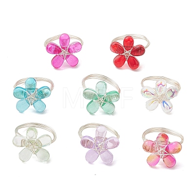 8Pcs 8 Colors Eco-Friendly Copper Wire Wrapped Transparent Glass Finger Rings RJEW-JR00982-1