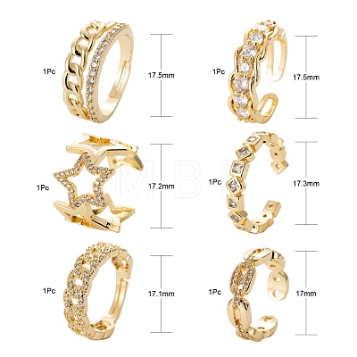 6Pcs 6 Styles Brass Micro Pave Cubic Zirconia Cuff Rings RJEW-LS0001-42G-1