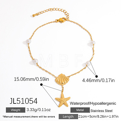 Summer Beach 304 Stainless Steel & White Round Plastic Pearl Charm Anklets FS-WG119D8-01-1
