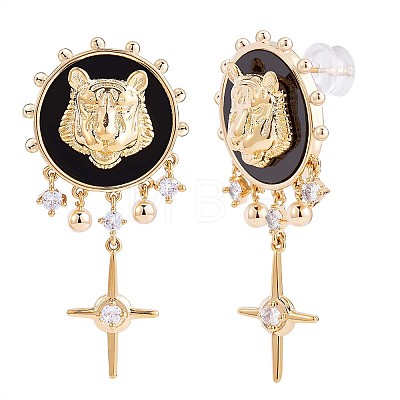 Clear Cubic Zirconia Lion with Cross Dangle Earrings with Enamel JE967A-1