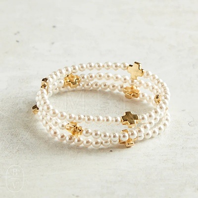 Summer Brass Cross and Round Imitation Pearl Beaded Stretch Bracelets for Women NA3901-1